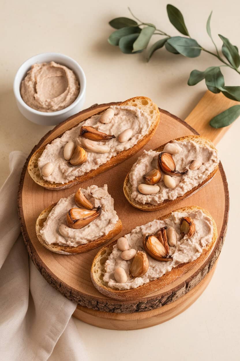 Indoor serving board with toasted baguette slices topped with creamy white bean spread and roasted garlic cloves—overhead shot, no text or logos.