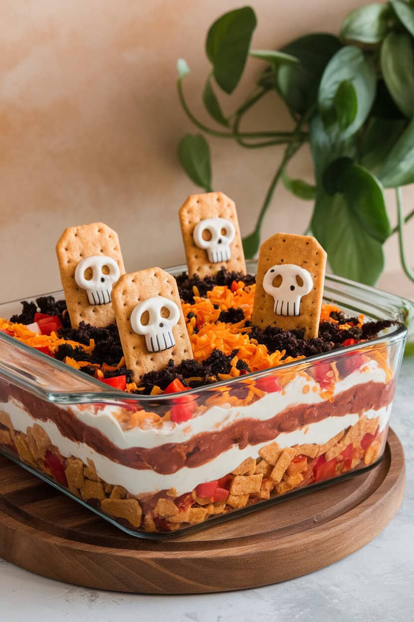 A glass baking dish filled with layered taco dip, topped with crushed black tortilla chips “soil,” and upright rectangular cracker “tombstones” piped with sour-cream skull faces. Indoor scene, no text or logos. Photo only.