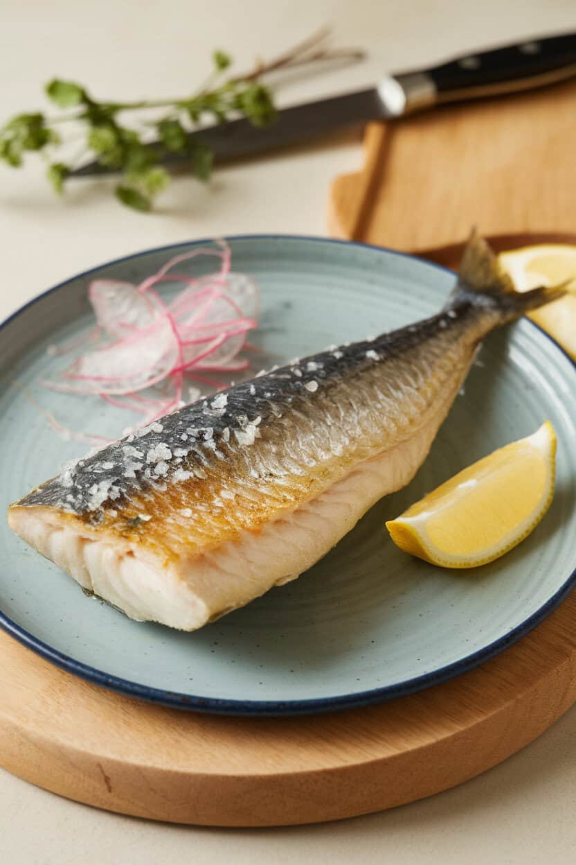 An indoor plate featuring a cooked, salted mackerel fillet with a wedge of lemon and grated daikon on the side. No text or logos anywhere. Photo, not illustration.