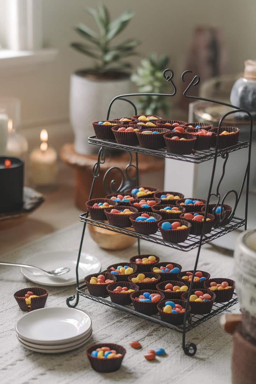An indoor baker’s rack holding mini brownie cups, each split to reveal colorful candy pieces inside. Soft evening light; no text or logos.