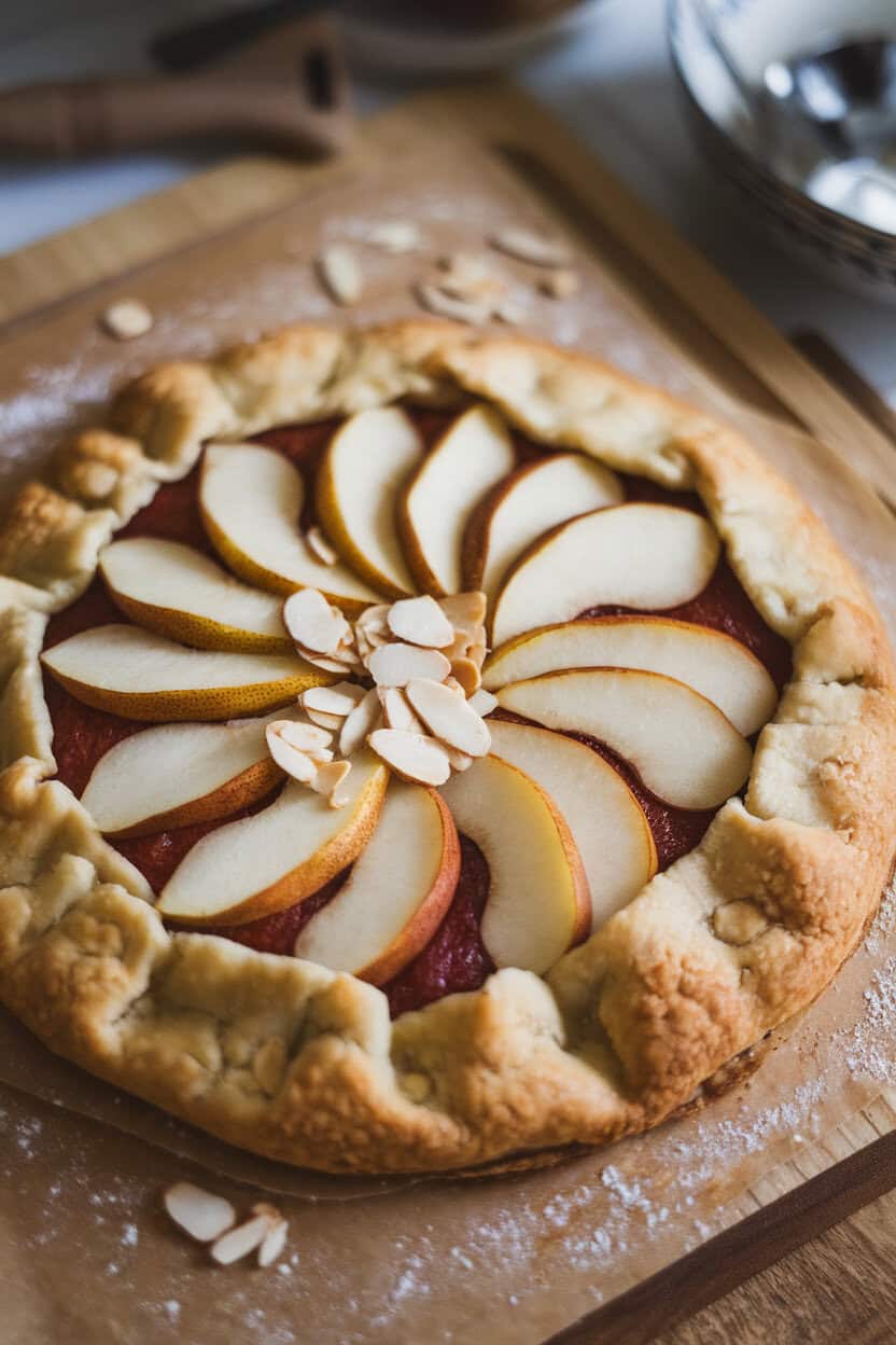 An indoor pastry board showcasing a rustic pear galette, almond slices scattered over fruit, edges browned. No text or logos.