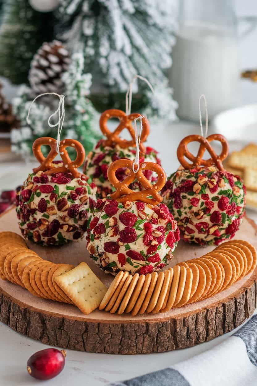 Indoor photo of three cheese balls rolled in cranberries, chopped herbs, and crushed pecans, each topped with a pretzel “hook” to look like ornaments, served with crackers. No text or logos. Photo, not illustration.
