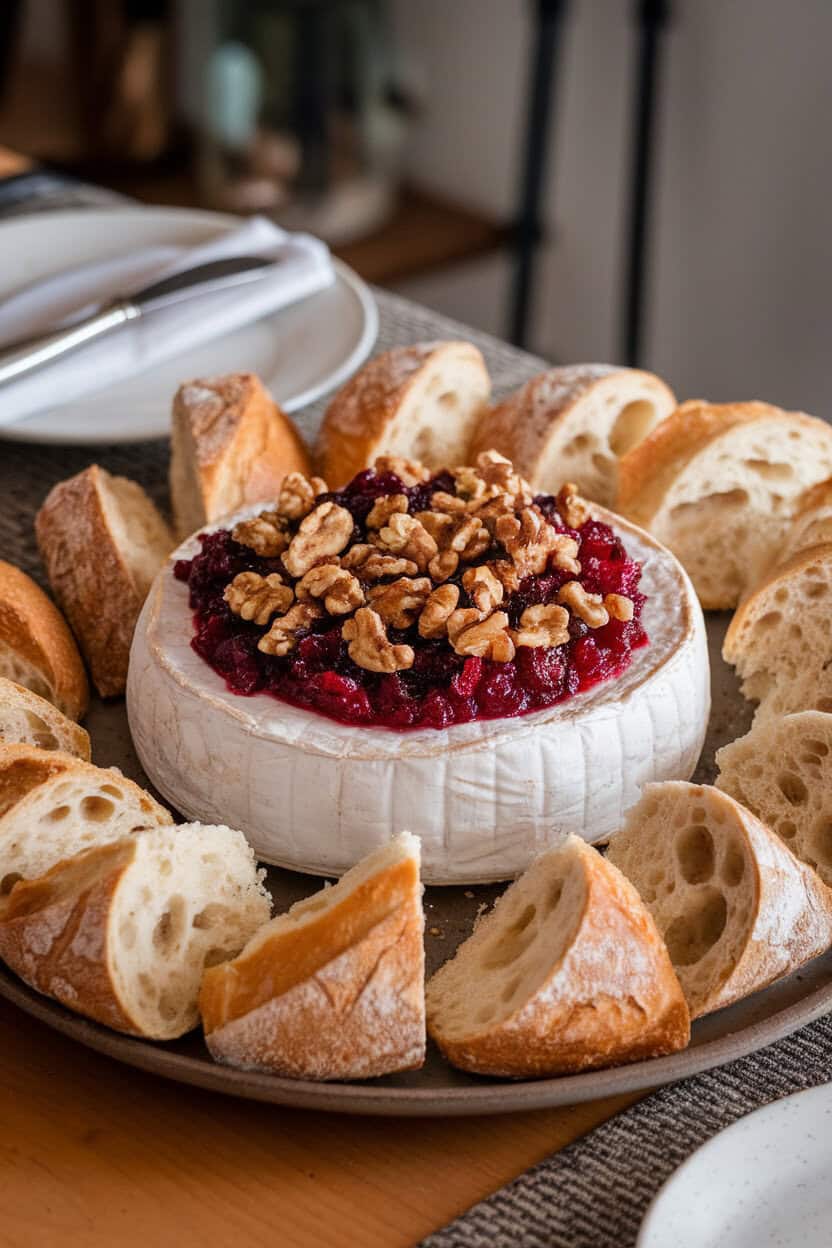 Photo of a Brie wheel baked until soft, topped with cranberry compote and chopped walnuts, surrounded by baguette slices on an indoor dining table. No text or logos.