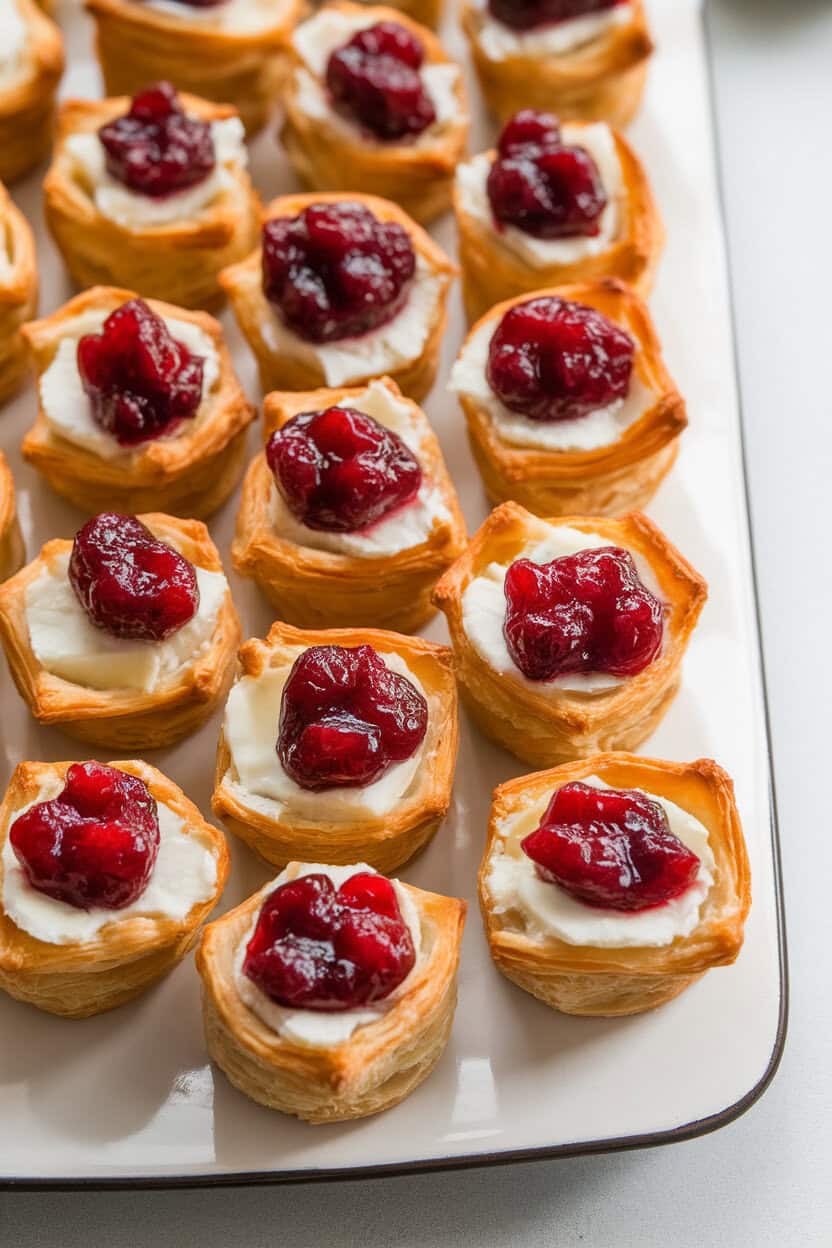 An indoor appetizer spread featuring bite-size puff pastry cups filled with melted Brie and bright red cranberry sauce, arranged on a white platter. No text or logos in view. Photo only.