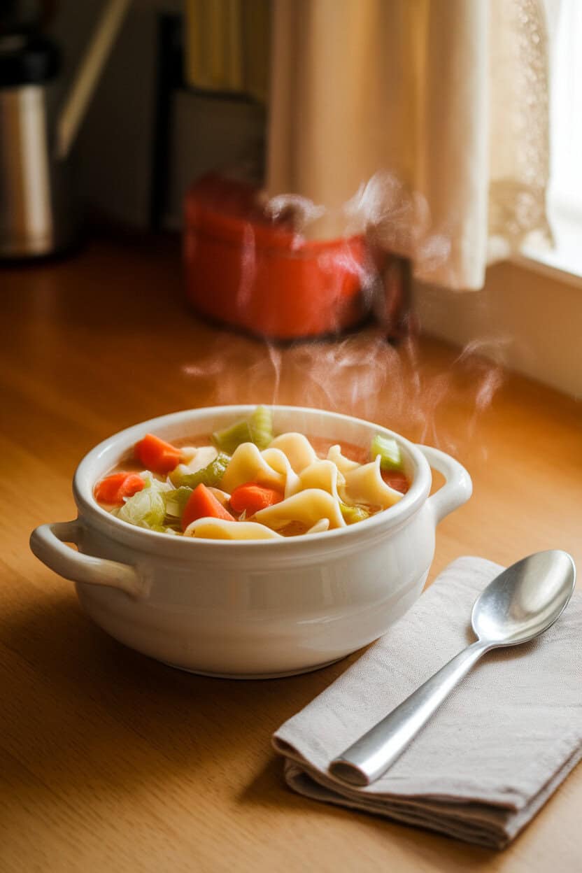 A warmly lit indoor kitchen counter with a white ceramic bowl of steaming chicken noodle soup—visible chunks of chicken, carrots, celery, and wide egg noodles—alongside a metal soup spoon and a folded linen napkin. No text or logos anywhere in the scene. Photo, not illustration.