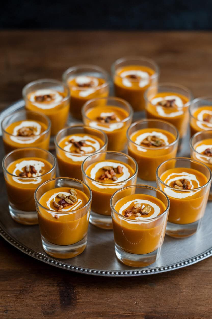 An indoor tray lined with small shot glasses filled with velvety orange acorn squash soup, each topped with a swirl of crème fraîche and toasted pepitas. No text or logos. Photo only.
