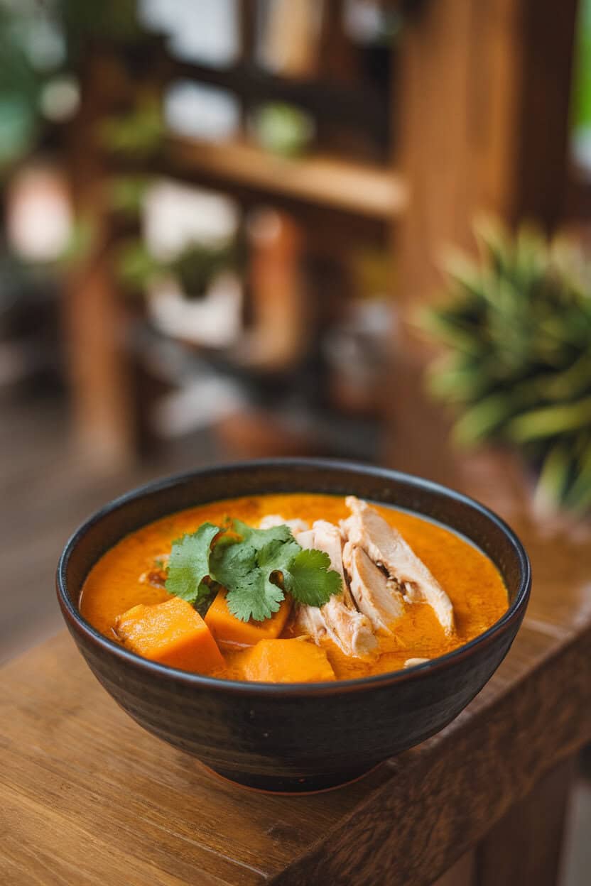 Indoor tabletop featuring a bowl of orange coconut broth with pumpkin cubes, chicken strips, and cilantro leaves. No text or logos
