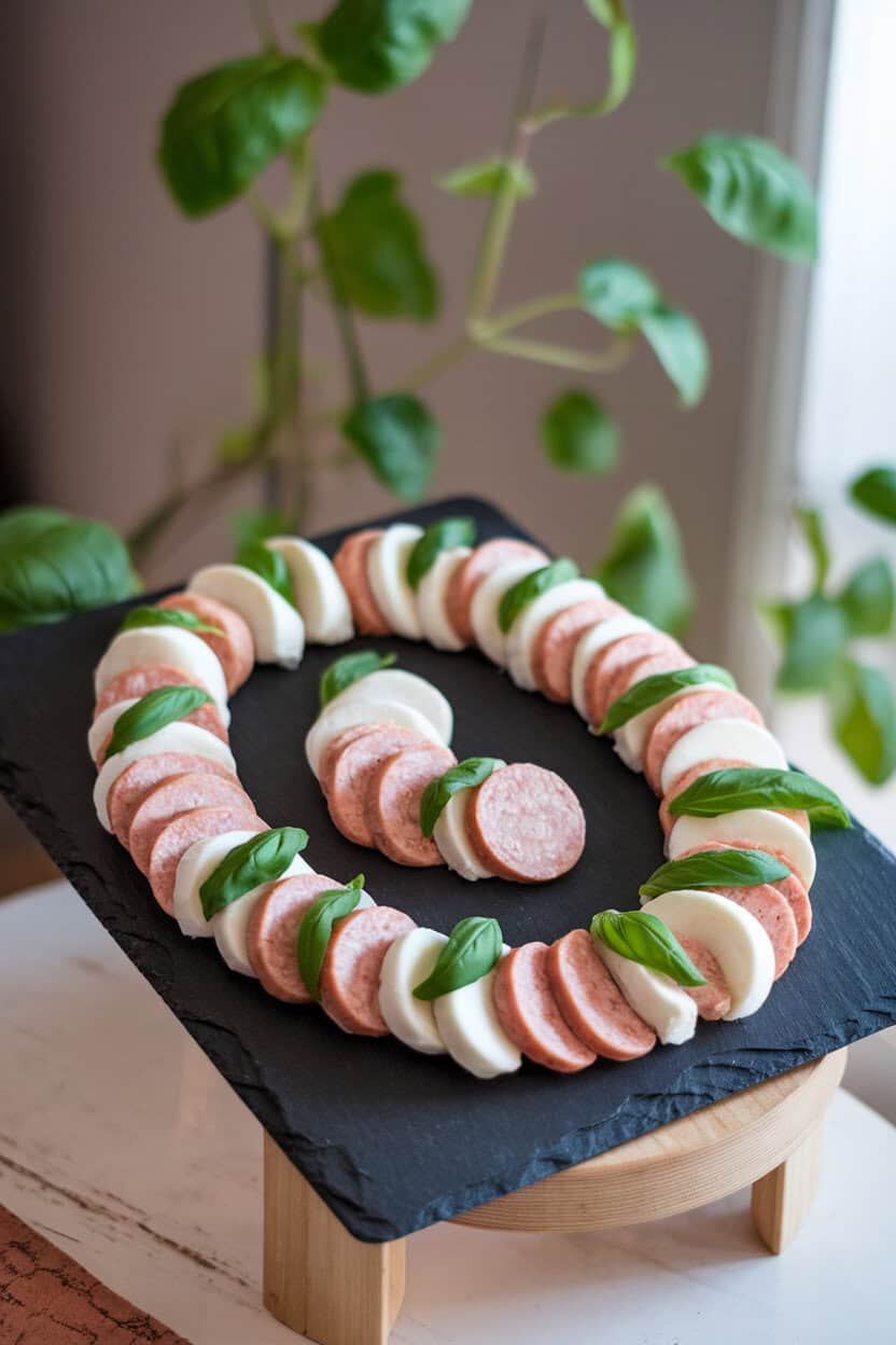 Indoor photo showing alternating curved rows of cooked sliced chicken sausage and fresh mozzarella rounds with basil leaves to create a candy-cane pattern on a slate board. No text or logos. Photo, not illustration.
