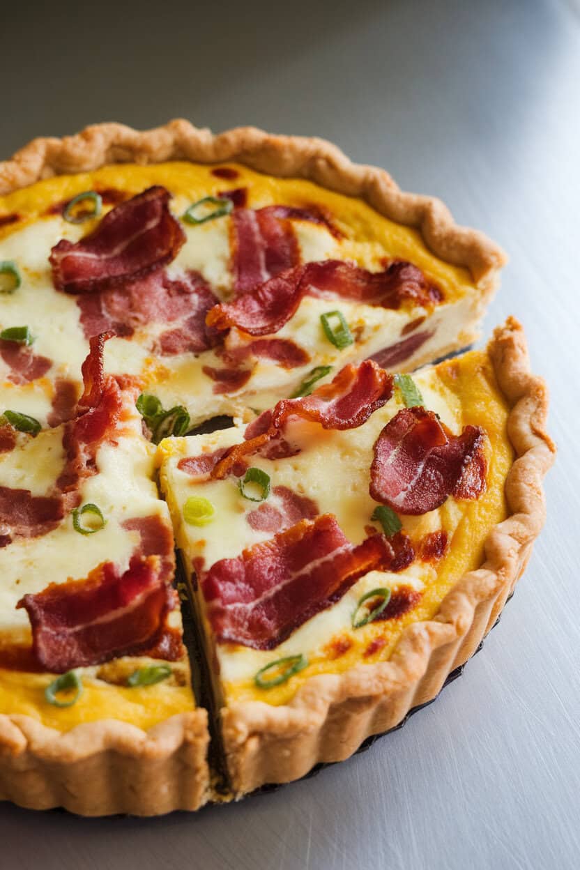 An indoor kitchen table with a sliced quiche showing layers of crispy bacon and melted Brie, flaky crust edges golden brown. No text or logos. Photo only.
