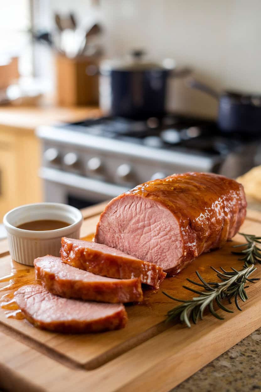 A wooden indoor carving board holding sliced pork tenderloin with a shiny maple glaze, rosemary sprigs on the side, and a small ramekin of glaze nearby. No text or logos. Photo, not illustration.