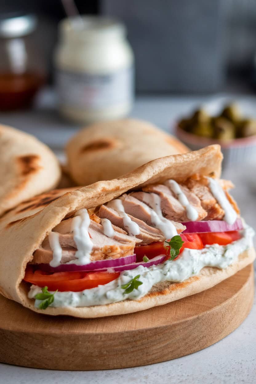 An indoor prep station showing a fluffy pita loaded with sliced chicken, tomatoes, red onion, and tzatziki sauce dripping slightly; no text or logos; photo