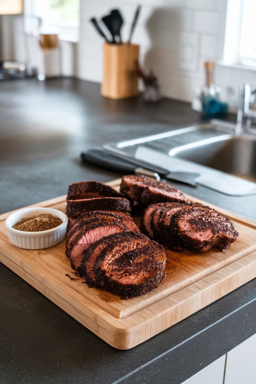Indoor kitchen island showing a cutting board with dark-crusted coffee-rubbed pork loin medallions, a small dish of spice rub nearby; no logos.