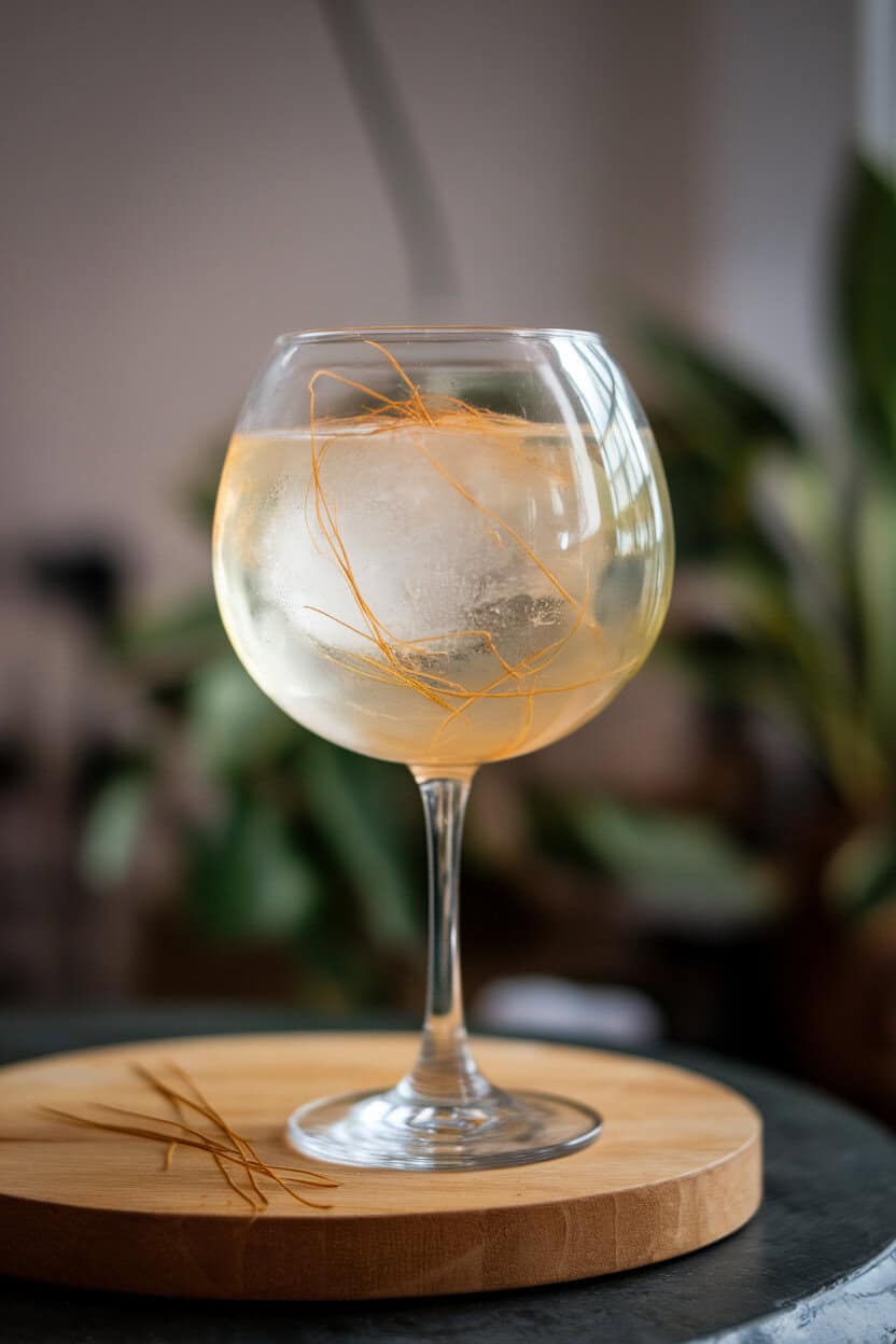 Photo of a balloon glass indoors, pale golden gin and tonic tinted by saffron threads, large clear ice sphere inside. No text or logos.