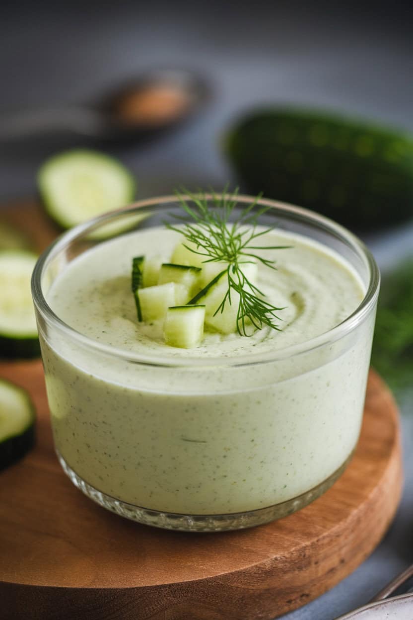 A glass bowl indoors filled with pale green cucumber yogurt soup, topped with diced cucumber and dill fronds. No text or logos appear.