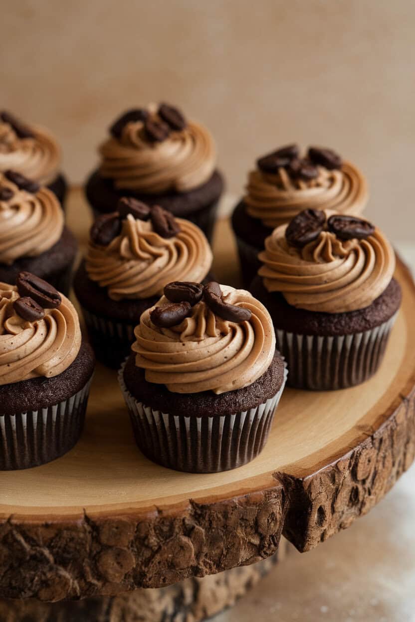 Indoor photo of mocha cupcakes drizzled with salted caramel over espresso buttercream, scattered with espresso beans, on a wooden tray. No text or logos.