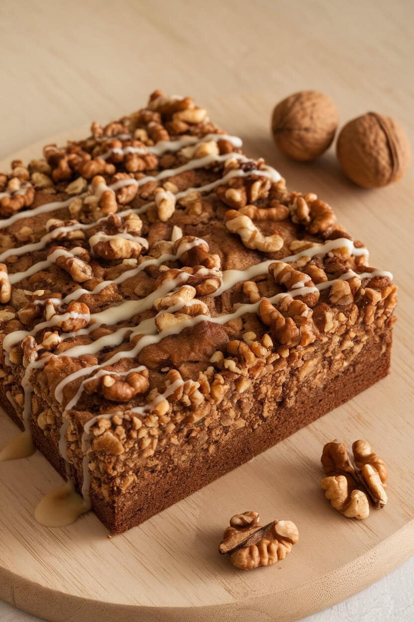 Indoor photo of square coffee cake with visible walnut crumble topping, espresso glaze drizzled lightly, no text or logos