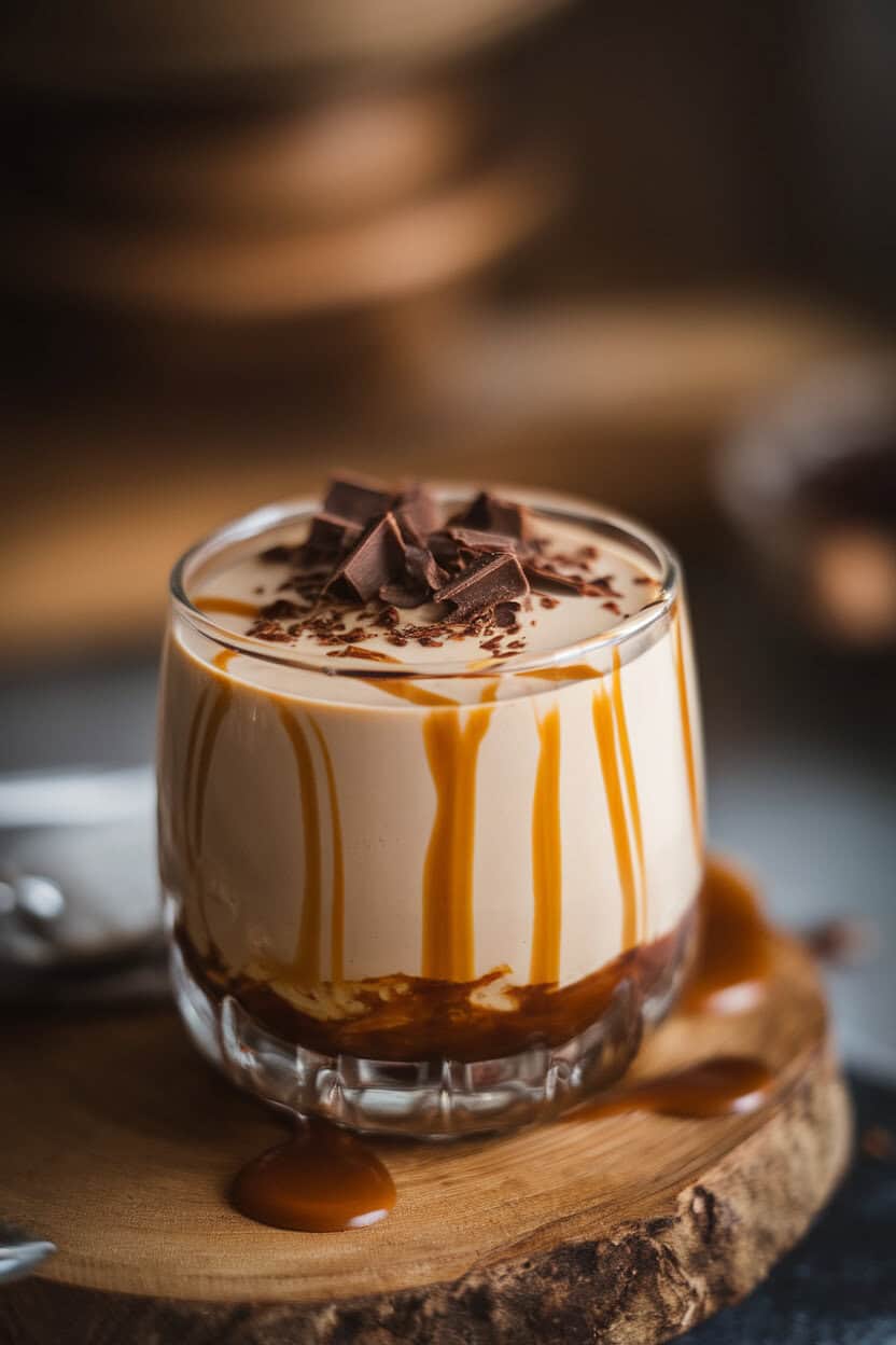 Photo prompt: Indoor dessert glass showing silky coffee-colored panna cotta topped with chocolate shavings, close-up, no text or logos.