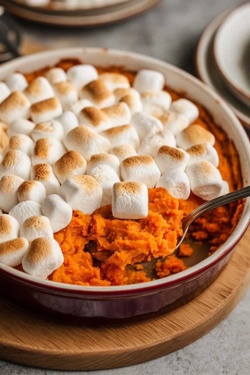 An indoor scene showing a casserole of mashed sweet potatoes crowned with toasted mini marshmallows, spoon digging in. No text or logos. Photo, not illustration.