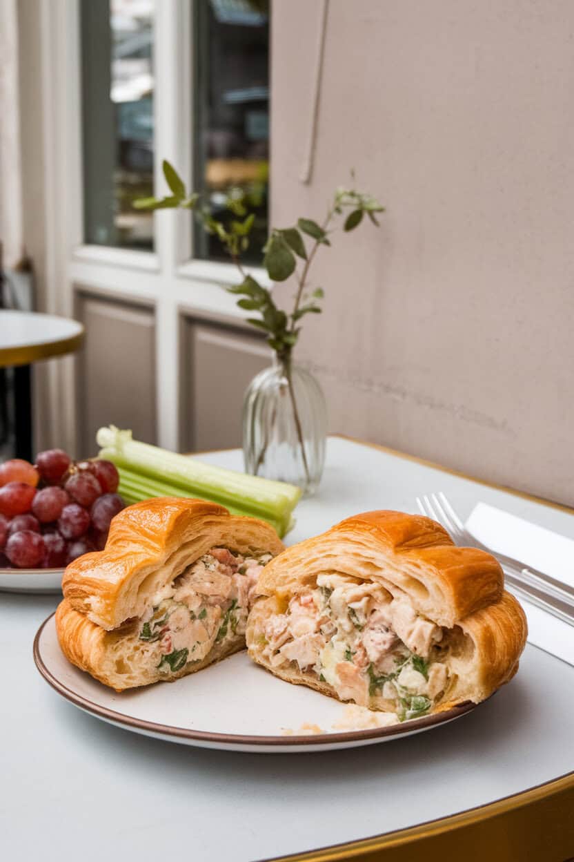 An indoor café table displaying buttery croissant halves overflowing with chicken salad, grapes and celery visible; no text or logos; photo