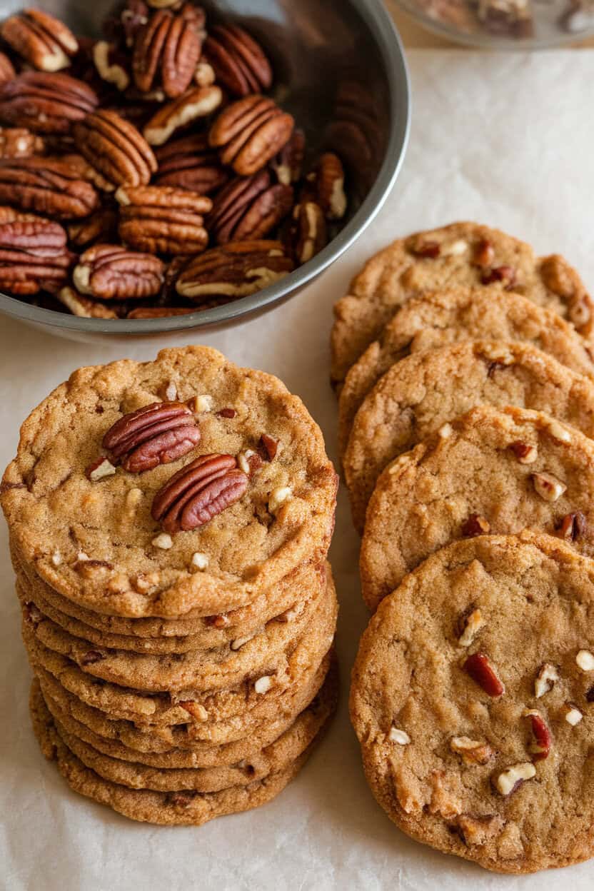 An indoor kitchen table scene showing slice-and-bake pecan sablé cookies with visible browned butter flecks, stacked neatly beside roasted pecans. Warm lighting, no text or logos.