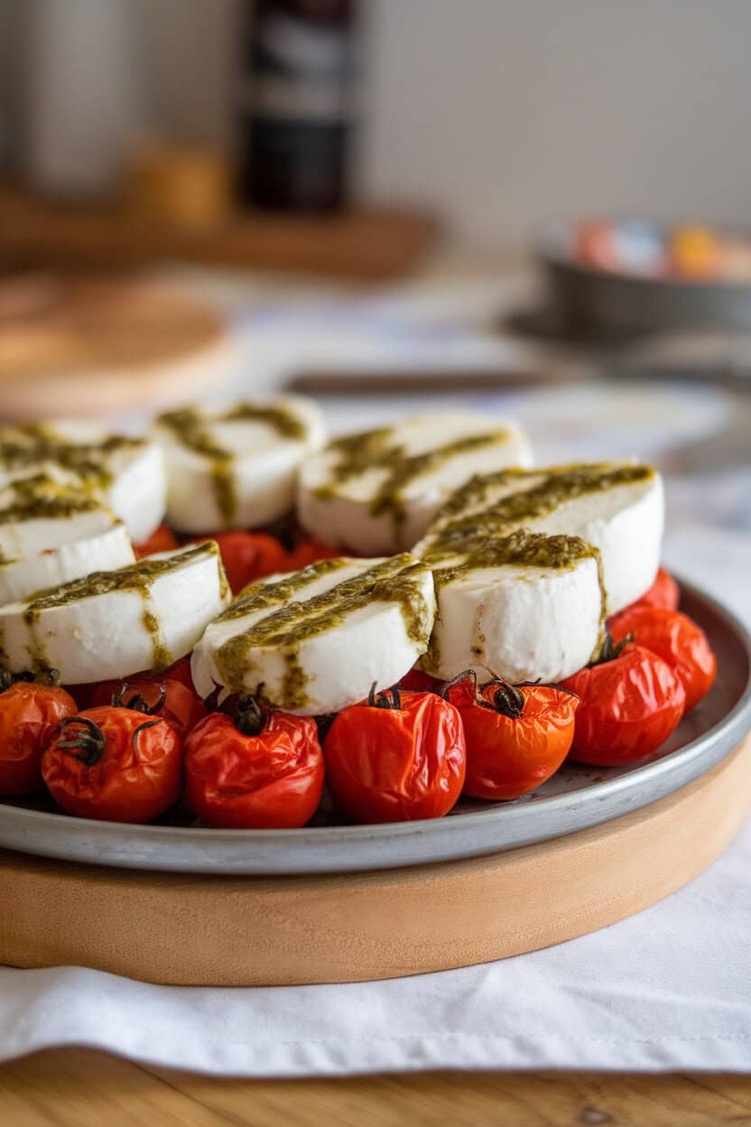 An indoor dining table displaying a platter of slow-roasted cherry tomatoes layered with mozzarella slices and basil pesto drizzle. No text or logos. Photo.