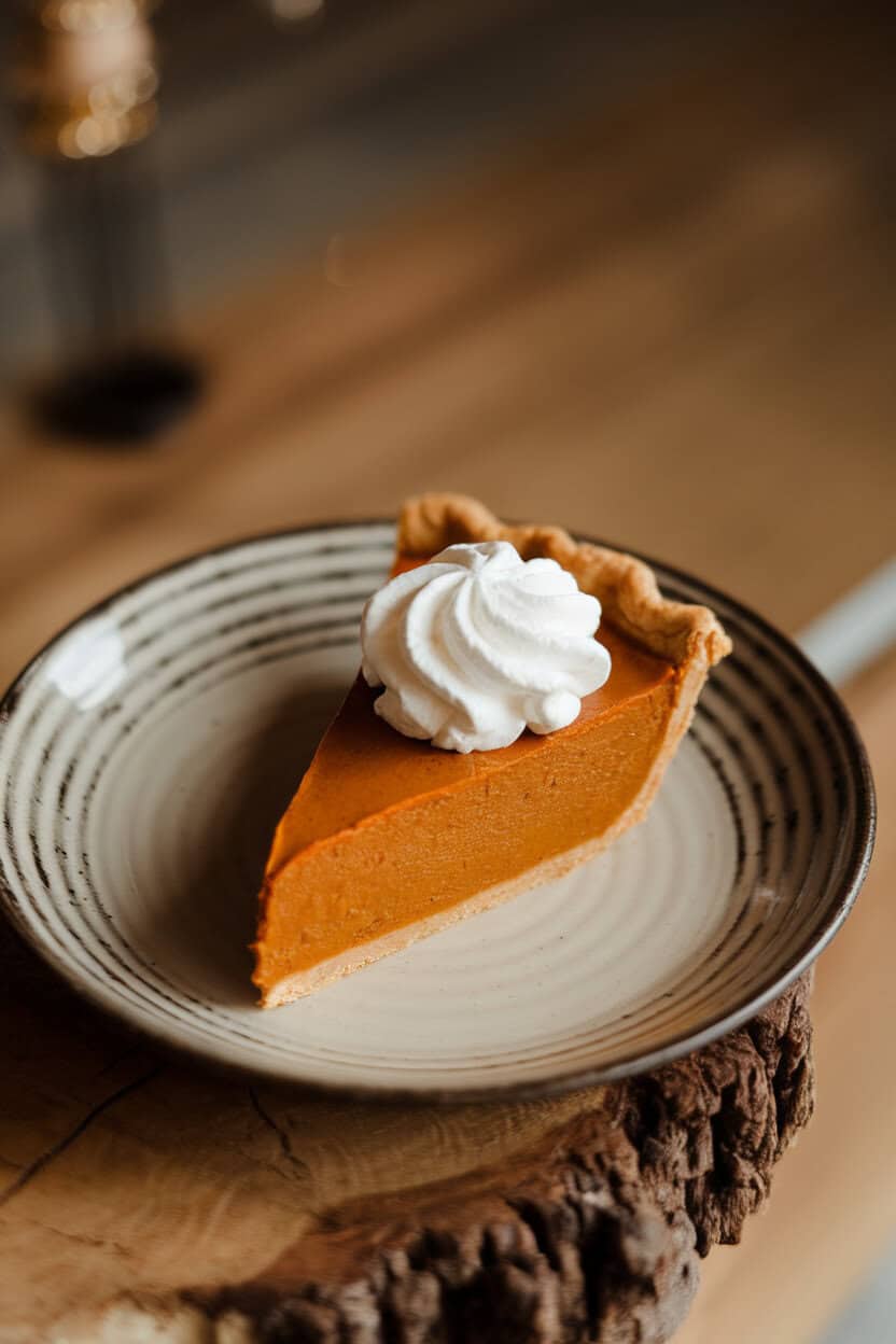 A slice of pumpkin pie topped with a swirl of whipped cream on an indoor dessert plate, soft overhead lighting. No text or logos. Photo, not illustration.