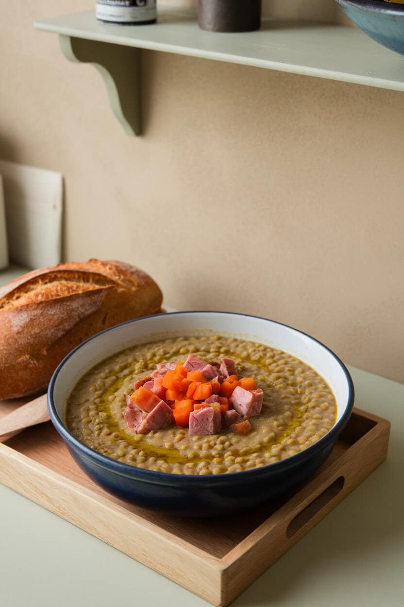 An indoor kitchen table with a bowl of thick split pea soup, smoky ham pieces visible, topped with diced carrots and a drizzle of olive oil. Photo only, no text or logos.