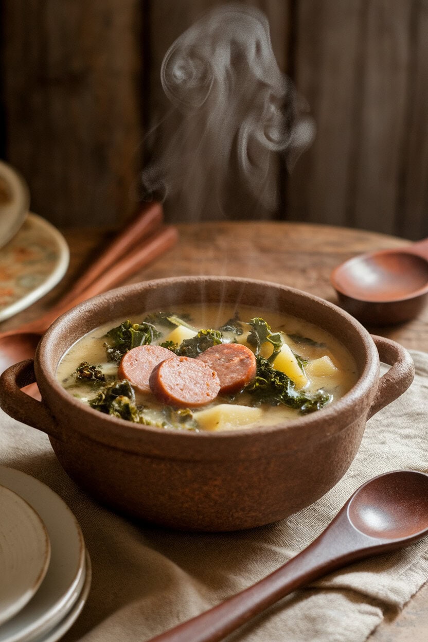 An indoor farmhouse table holding a stoneware bowl of Tuscan soup—slices of sausage, kale ribbons, and creamy potatoes in a light broth—steam curling upward. Photo only, no text or logos.