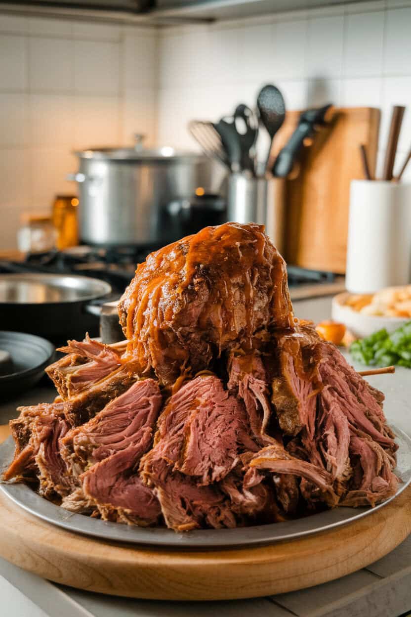 Photo of a platter piled high with shredded cooked lamb shoulder drizzled with its juices, indoor kitchen counter, no text or logos.