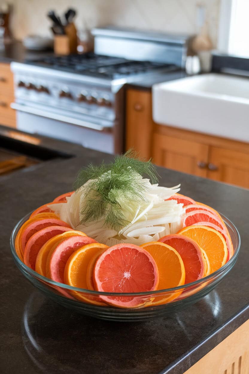 An indoor kitchen island displaying a shallow bowl with alternating rounds of orange, grapefruit, and shaved fennel, garnished with fennel fronds. No text or logos; photo, not illustration.