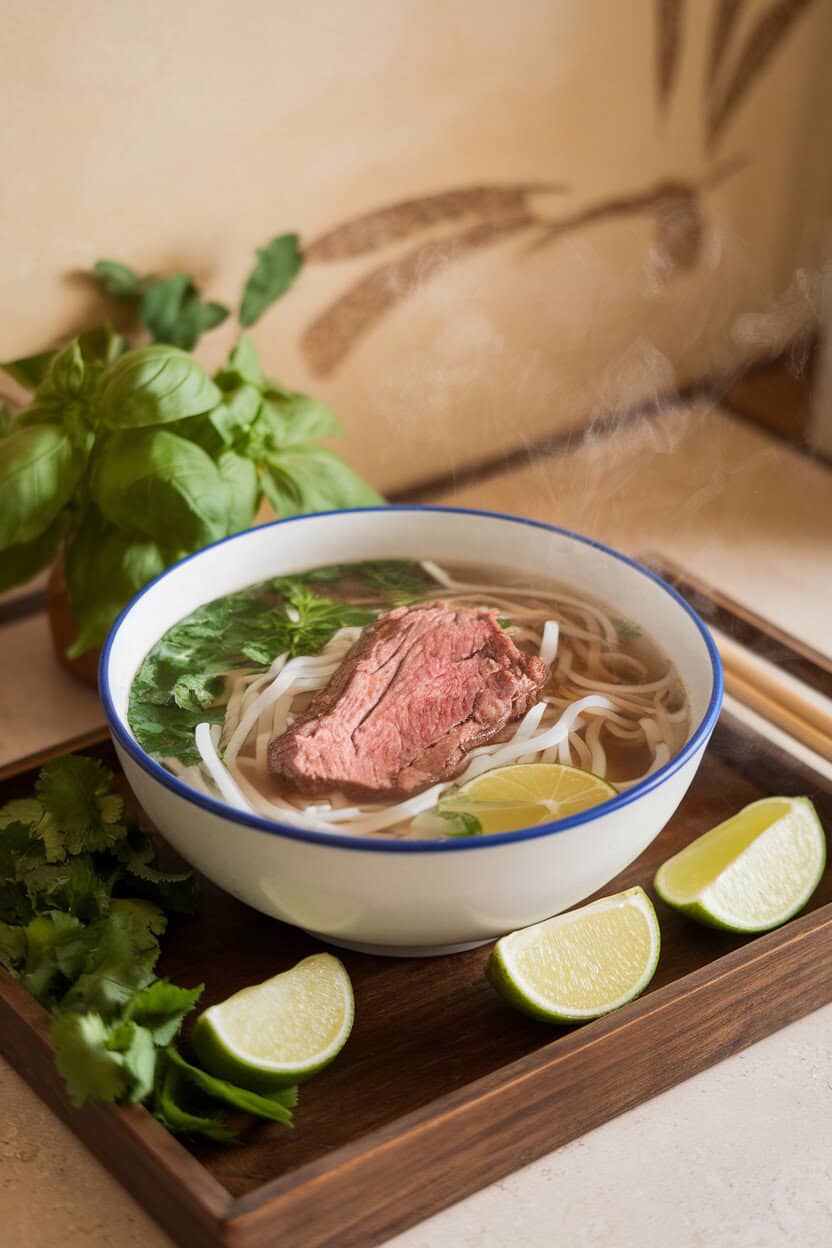 Photo of a steaming bowl of lamb pho with rice noodles, herbs, and lime wedges, indoor shot, no text or logos.