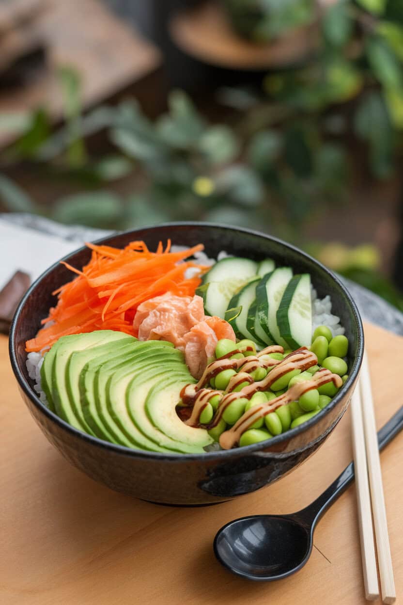 Photo taken indoors of a deep bowl filled with sushi rice, sliced avocado, shredded carrots, edamame, cucumber ribbons, and a drizzle of soy-ginger dressing. No text or logos.