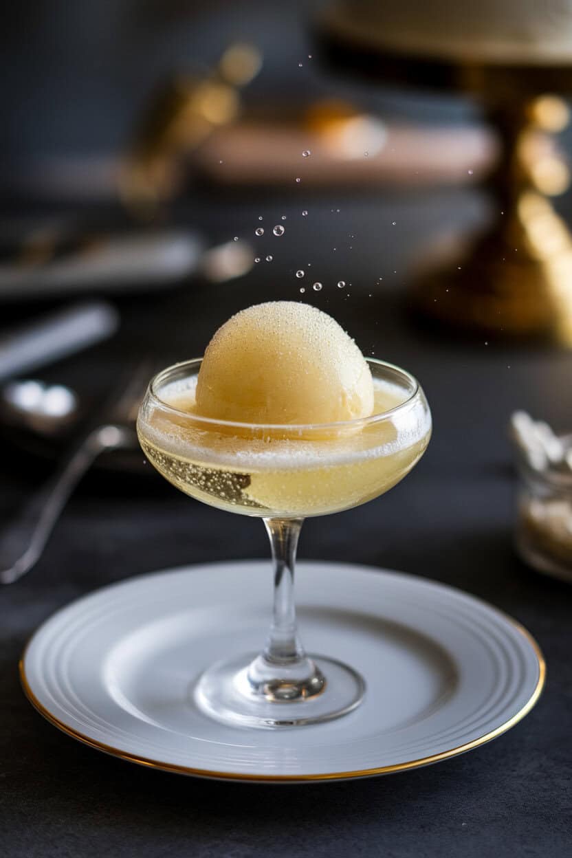 Indoor dessert plate with a coupe holding pale lemon sorbet topped by a splash of champagne, tiny bubbles rising, no text or logos visible.