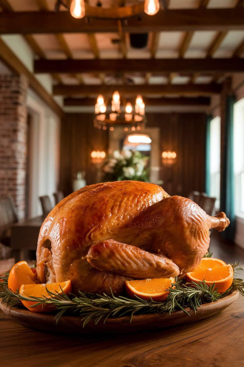 An indoor dining room scene featuring a golden, carved roast turkey on a wooden platter surrounded by fresh rosemary and orange wedges, warm lighting highlighting crispy skin, no text or logos visible, photo only.