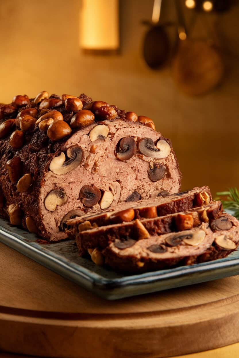 Photo of a sliced nut roast studded with mushrooms and chestnuts, served on a rectangular platter, warm indoor kitchen lighting. No text or logos.