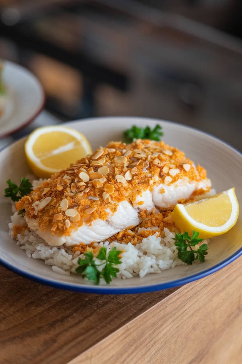 Indoor dinner plate displaying cooked tilapia fillet coated in golden almond crumbs, garnished with lemon slices and parsley. No text or logos.