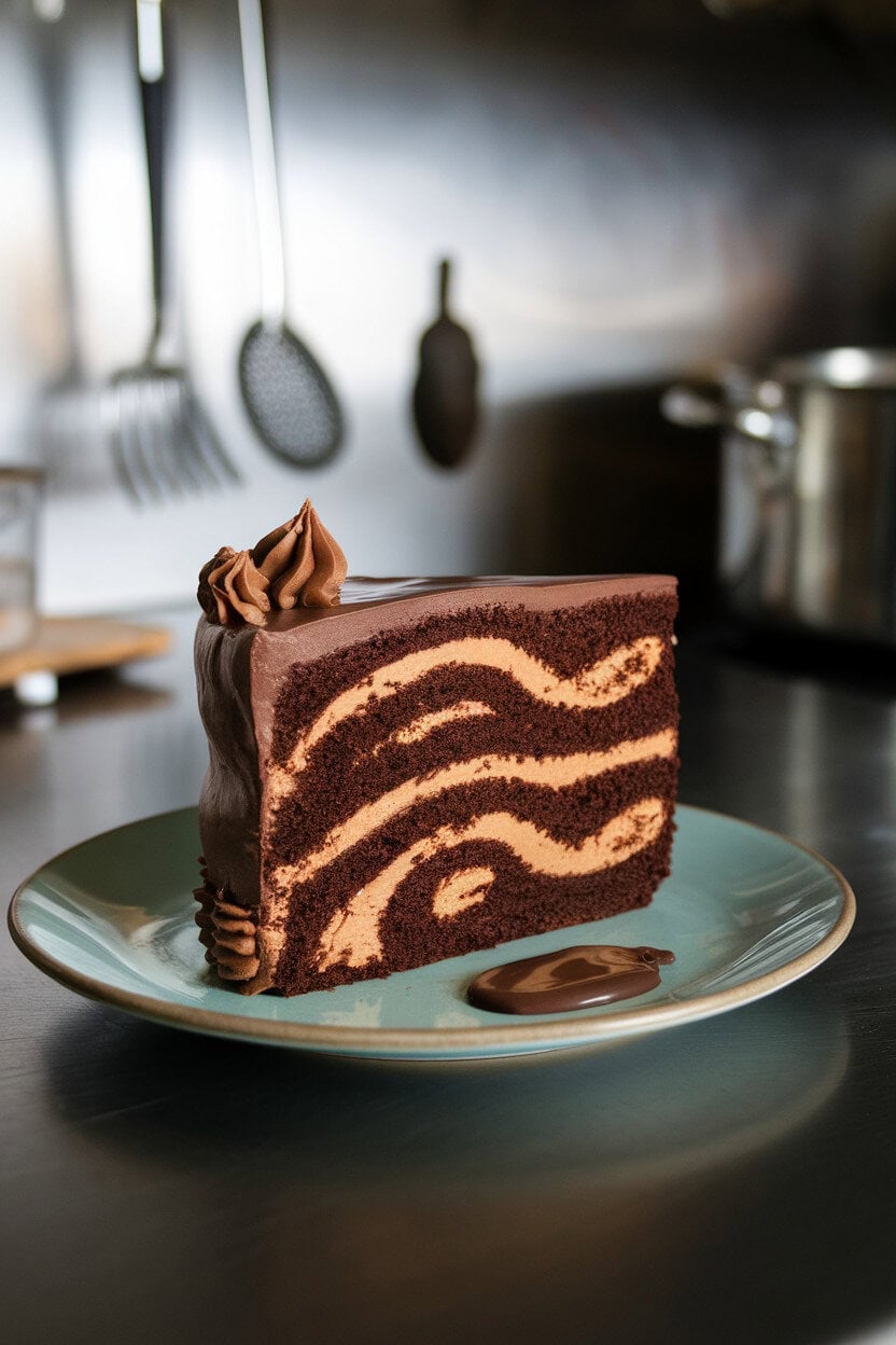 Indoor kitchen scene featuring a loaf slice showing swirls of peanut butter and chocolate cake, a small smear of melted chocolate on the side. Photo only; no logos or text.