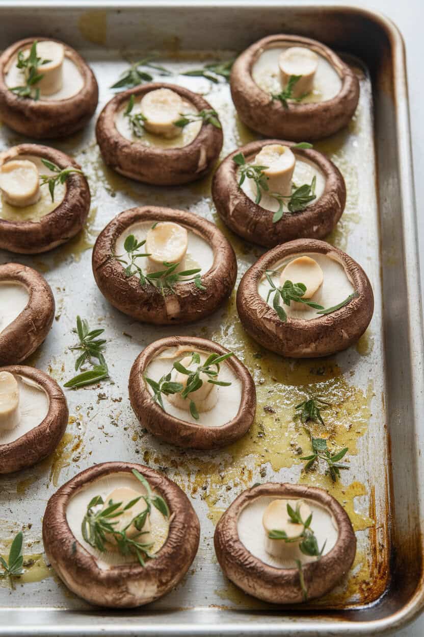 A rimmed indoor baking sheet holding browned king oyster mushroom halves glistening with garlic butter and herbs. No text or logos in scene.