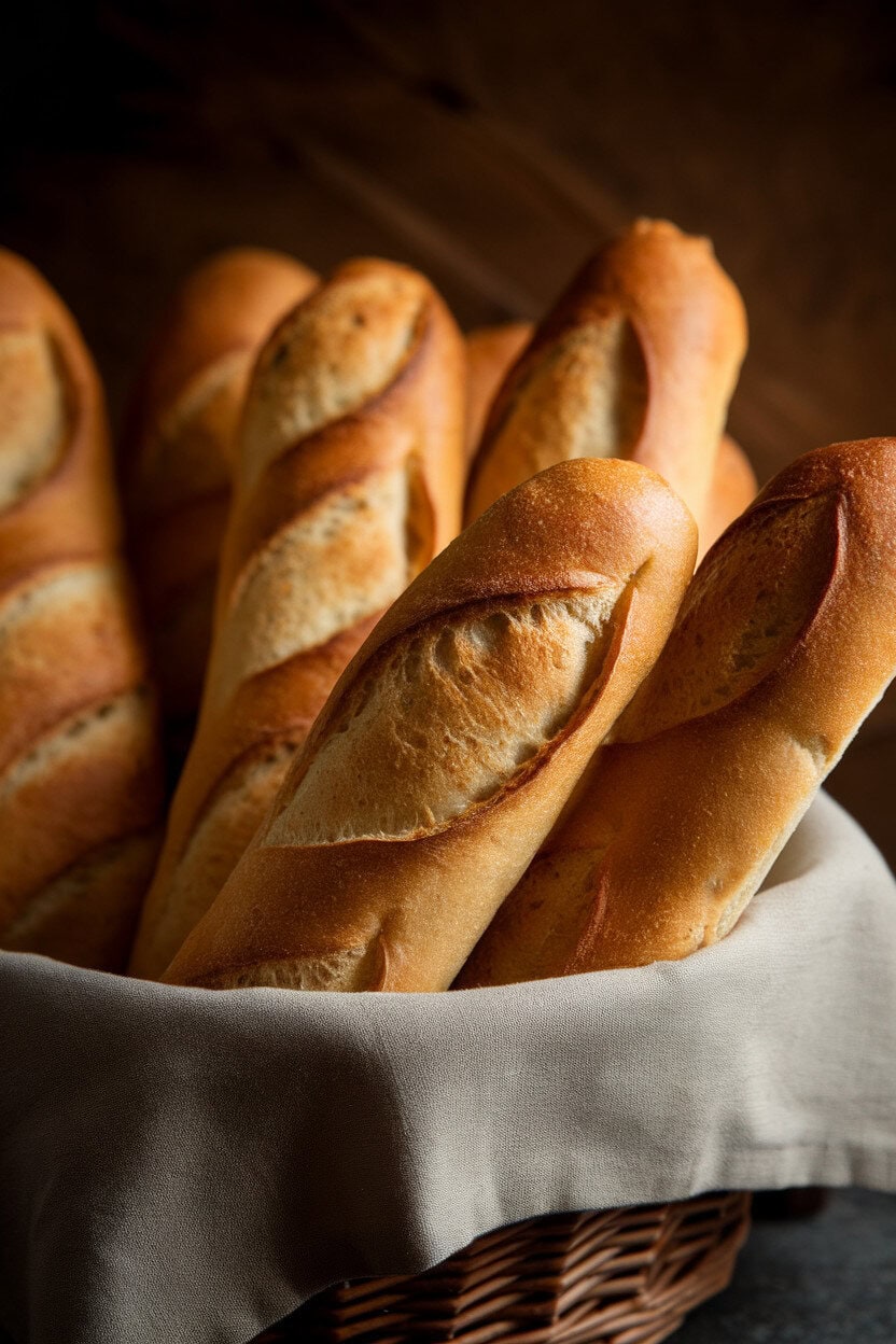 Indoor image of lightly toasted sourdough baguette rounds in a linen-lined basket, golden edges catching warm light. No text or logos.