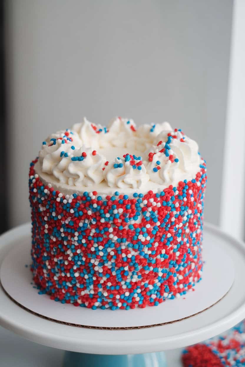Indoor photo of a single-layer white cake studded with red and blue sprinkles, topped with whipped frosting and more sprinkles, no text or logos