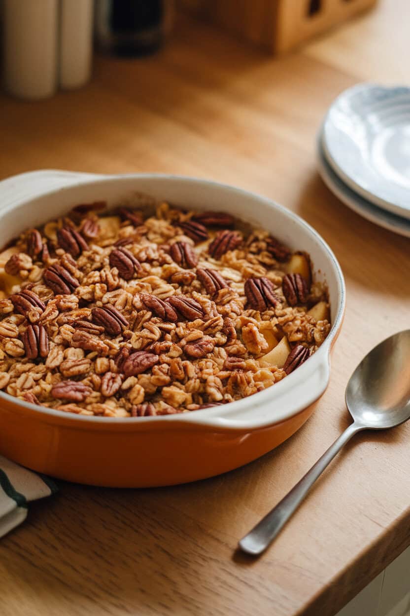 A warm indoor kitchen counter with a baking dish of bubbling apple crisp, pecan oat topping browned and crunchy, a serving spoon ready. No logos present. Photo, not illustration.