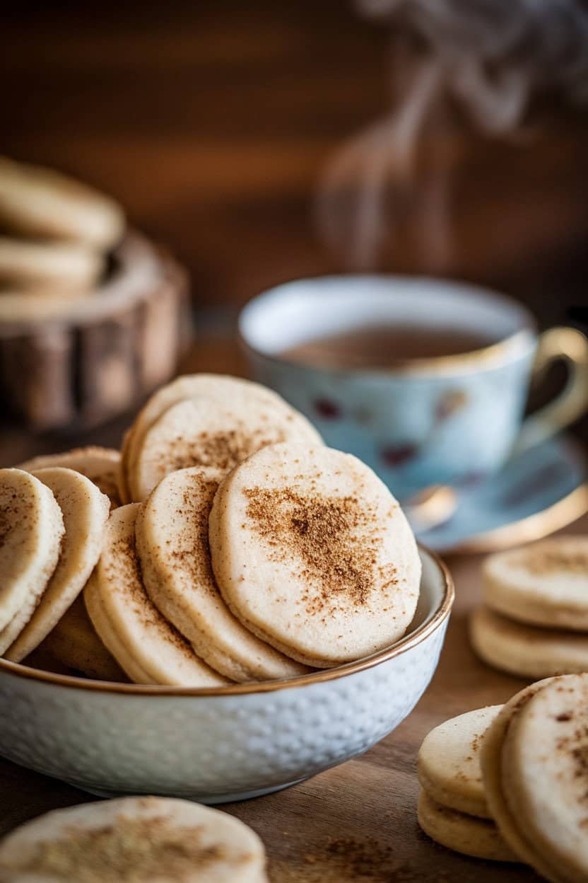 Photo prompt: Indoor bakery-style display of chai spice sugar cookies sprinkled with cardamom sugar, steam from a teacup rising in background. No text or logos.