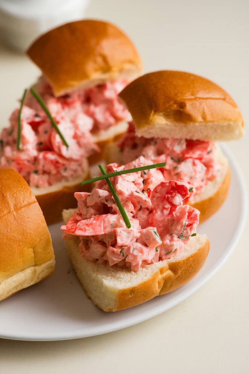 Photo of small buttered split-top rolls indoors generously filled with chilled lobster salad, chives sprinkled on top; no text or logos