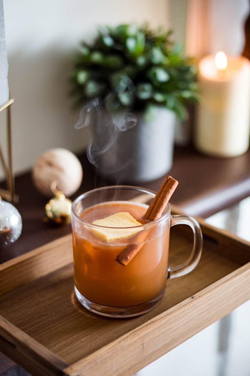 An indoor fireplace mantle scene with a clear mug of steaming Brown Butter Rum Toddy, pat of browned butter melting on surface, cinnamon stick submerged; no text or logos; photo