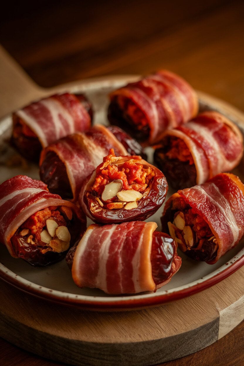 Bacon-wrapped dates on an indoor serving dish, cut diagonally to reveal chorizo and almond filling, glistening under warm light. No text or logos. Photo only.