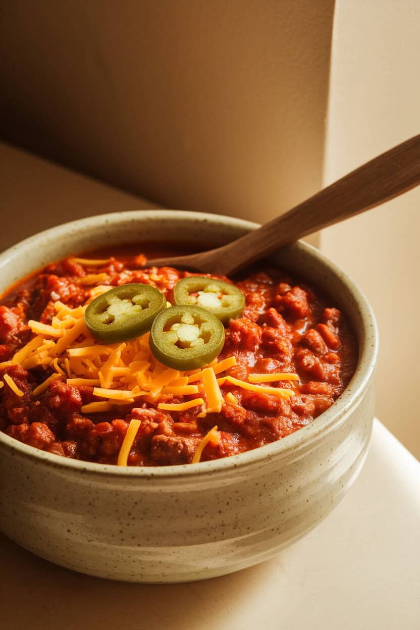 Indoor photo of a ceramic bowl brimming with chunky beef chili, topped with shredded cheddar and sliced jalapeños, steam curling up gently. No text or logos visible.