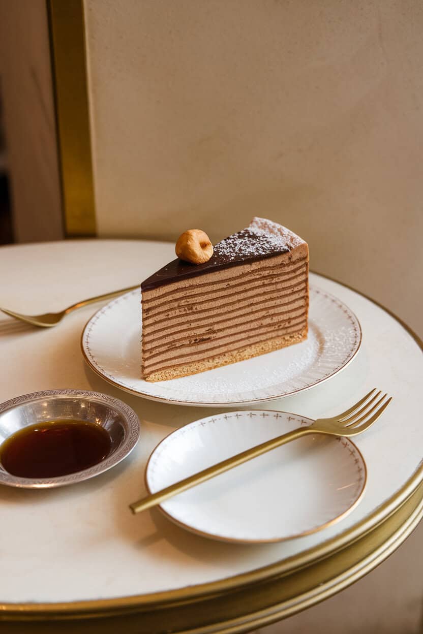 Indoor café-style table with a slice of multi-layer hazelnut sponge, coffee mousse, and dark chocolate glaze, topped with one whole roasted hazelnut. Photo, no text or logos.