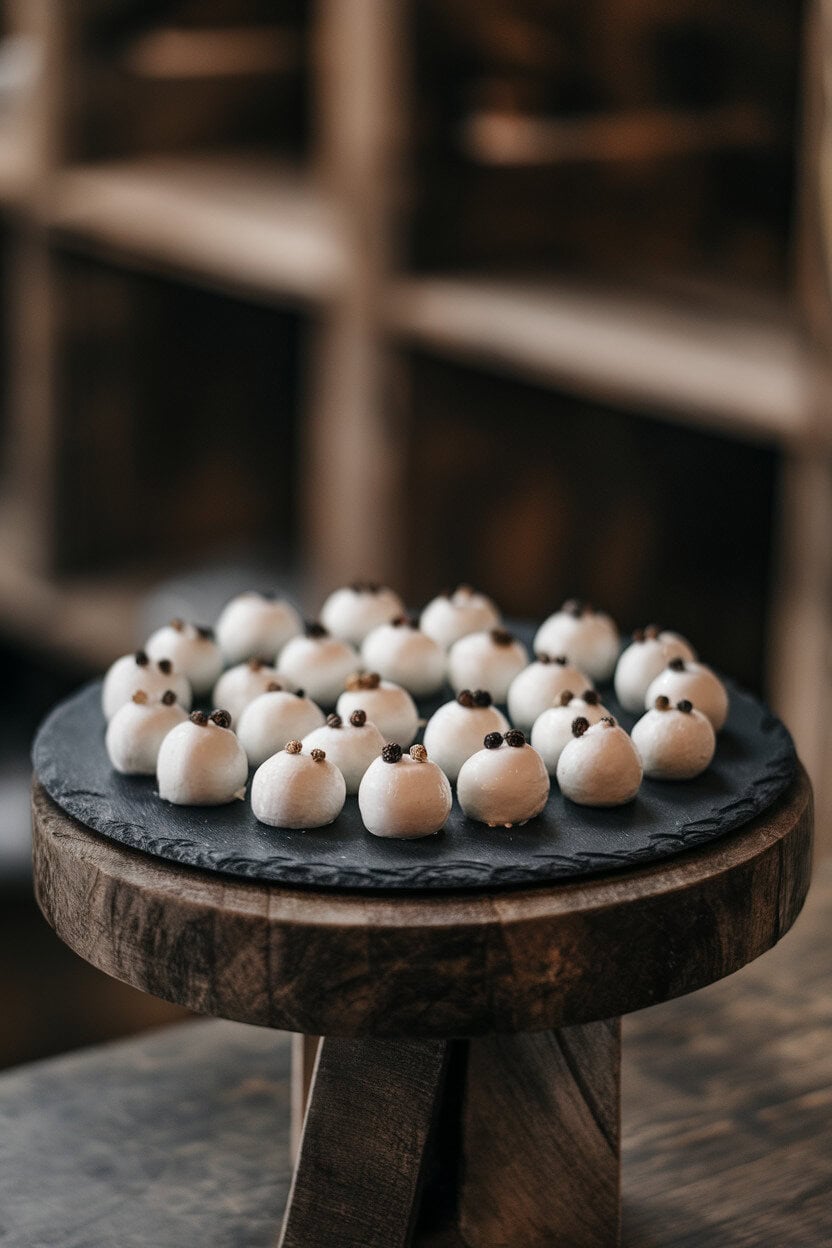 Indoor image of small mozzarella balls each dotted with two peppercorn “eyes” and arranged over a dark slate board. No text or logos.