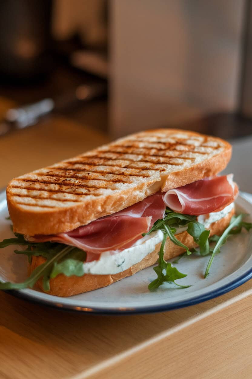 An indoor café-style plate with a pressed panini, grill marks visible, Brie melting around slices of prosciutto and arugula. No text or logos. Photo only.