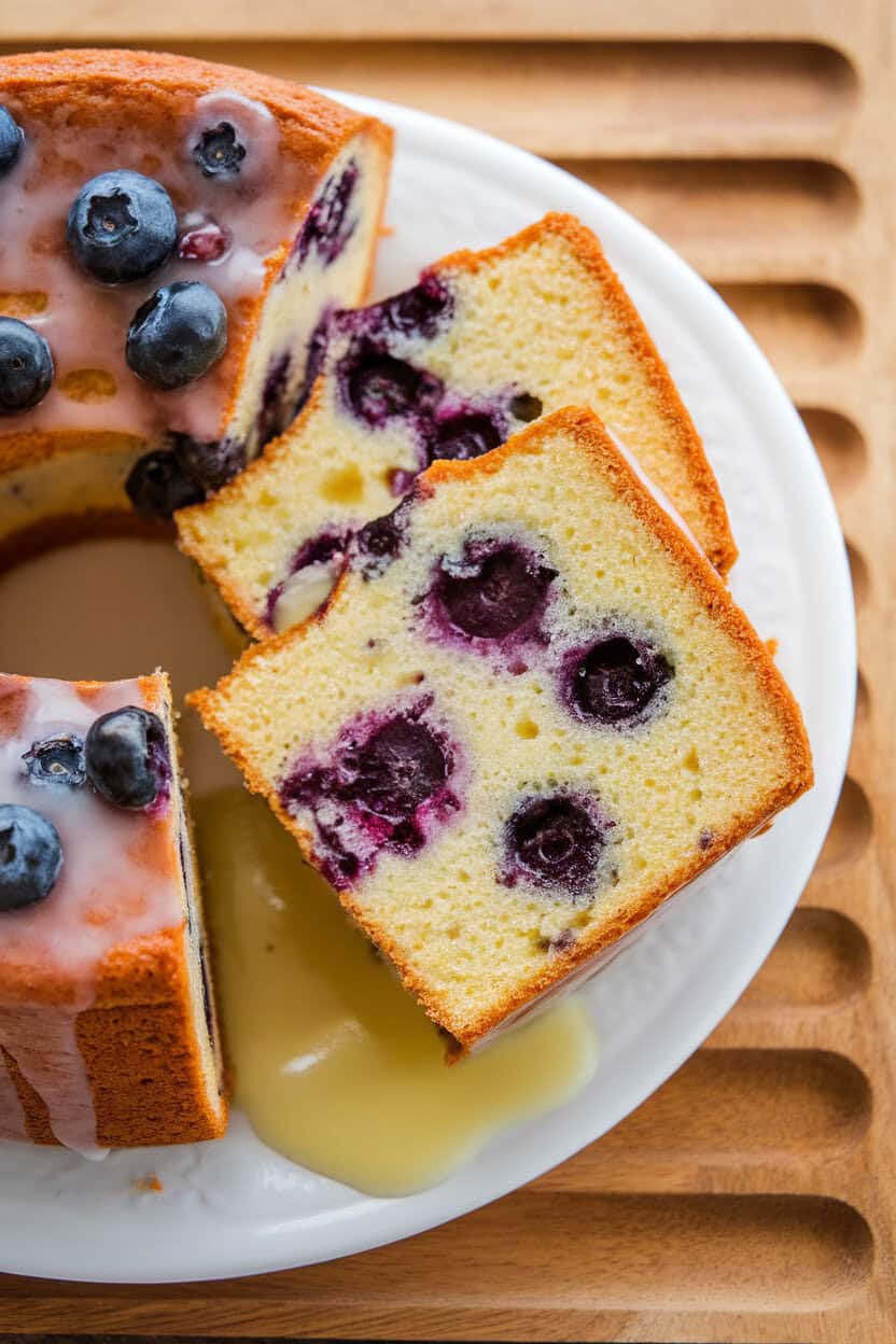 Indoor photo of a sliced pound cake flecked with blueberries, lemon glaze pooled at base, no text or logos